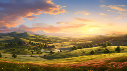 landscape with mountains and sky,,
Beautiful sunrise summer field view with flowers river green hills and blue sky
