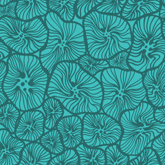 Seamless floral vector ocean sea hand drawn pattern for fabric design, decor, ceramics, cards, flowers, texture print on turquoise background