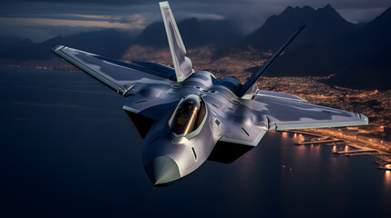 Close-up F-22 Raptor military combat aircraft jet flying over a city at night