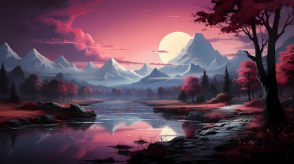 A tranquil turquoise blue lake reflecting the first light of dawn, with the mountains painted in shades of pink and purple. The scene is a symphony of colors and calmness - obrazy, fototapety, plakaty