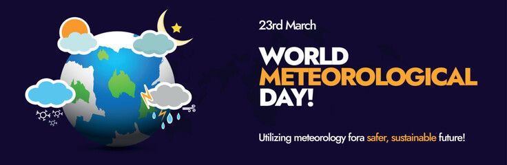 World meteorological Day. 23 March, World meteorological day celebration cover banner in dark colour with earth globe and different weather forecast icons around it. Icons of sunny, cloudy, rainy.  - obrazy, fototapety, plakaty