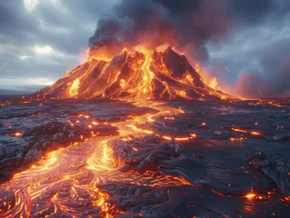 Fototapeten Volcanic eruption, the top of a mountain erupts with magma flowing in all directions © nahwul