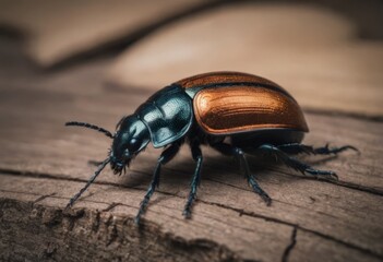 Close-up of a shiny blue beetle on a wooden surface in a forest with a blurred background