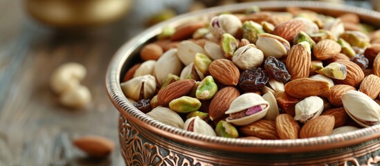 Naklejka premium Dried fruits and nuts in a copper bowl - Mixed peanuts, pistachios, almonds, hazelnuts, and cashews.