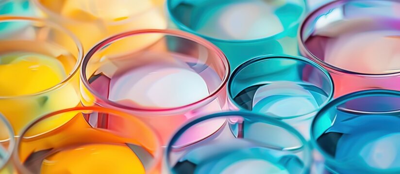 Close up of row multiple colorful glasses for abstract background. AI generated image