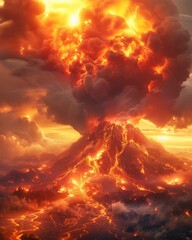 Fototapeta na wymiar Amazing volcanic eruption, illustration of natural disaster erupting volcano