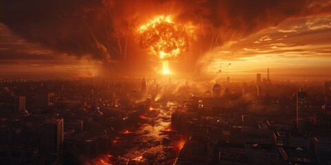 super large nuclear bomb explosion in the middle of the city. Aerial view of the apocalypse
