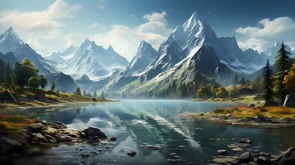 A tranquil turquoise blue lake nestled at the foot of a mountain range, with peaks disappearing into the clouds. The scene conveys a sense of vastness and grandeur
