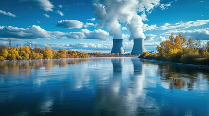 A nuclear power plant on the background of the sky by the river. Industrial might meets natural serenity in this striking photo.