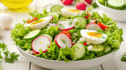 fresh spring vegetable salad with boiled egg, radish and cucumber on white wooden table
