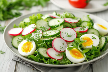 vegetable salad with boiled egg, radish and cucumber on white wooden table