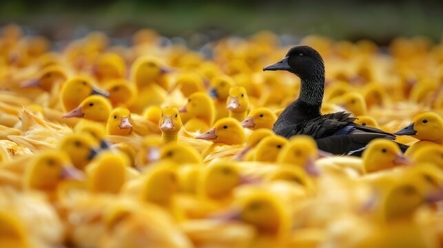 In a sea of yellow ducks, one lone black duck boldly stands out, symbolizing the power and beauty of diversity