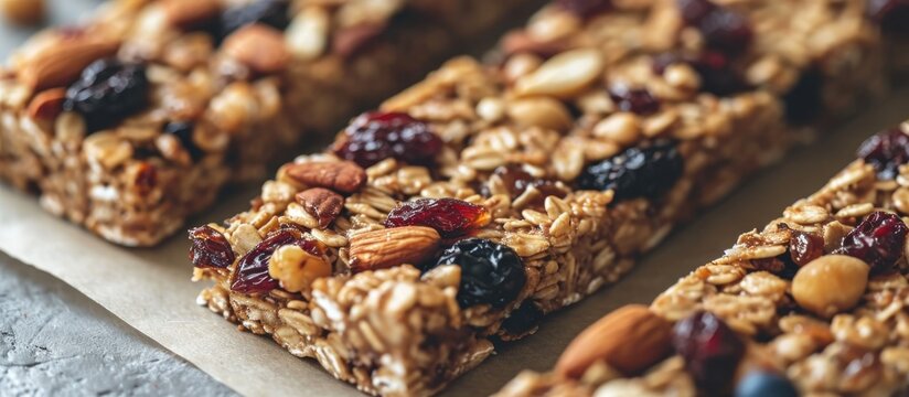 Close-up of nutritious granola bars with nuts and dried berries. - Powered by Adobe