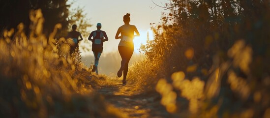 Group of athlete running cross country in nature tracking. AI generated image