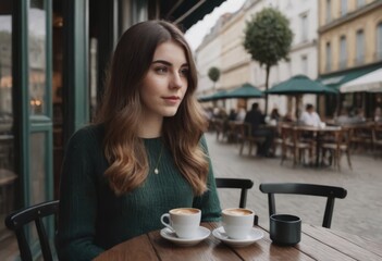beautiful young woman sitting in an outdoor cafe drinking espresso coffee