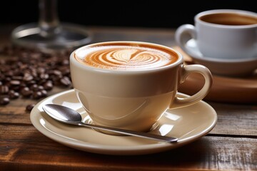 A picture of coffee cup in plate on wooden table Generative AI