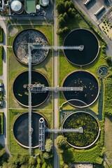 Sewage treatment plant from above. Water recycling. Waste management. Ecology and environment. An aerial perspective on ecological sewage treatment.