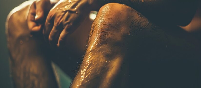 Close up a man suffering with knee cramp on dark background. AI generated image