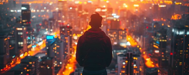 A person gazes at city lights from a building captivated by the urban glow. Concept Cityscape Photography, Urban Nightscapes, Captivating City Lights, Building Perspectives, Gazing at the Urban Glow