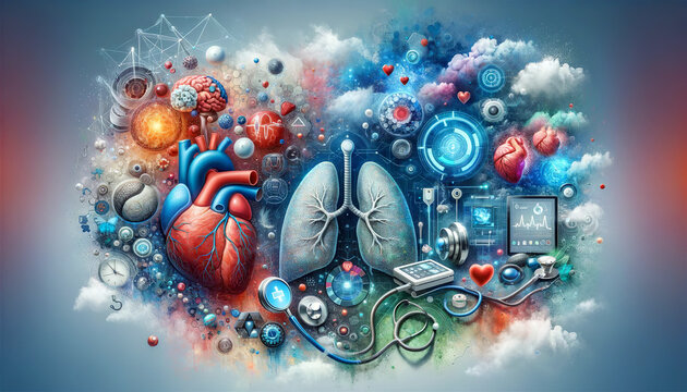 The image is a vibrant digital collage of human anatomy and medical technology, with a heart, brain, and lungs amid futuristic devices and abstract elements.AI generated.