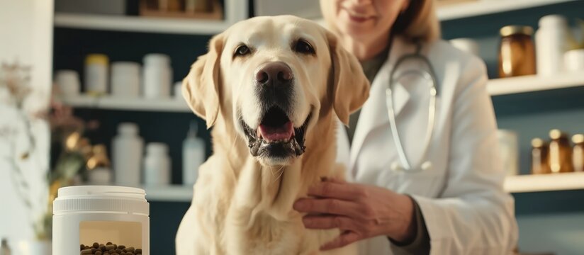 A veterinarian give vitamin to a Labrador dog. AI generated image