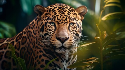 Obraz premium Jaguar tiger face in deep jungle background Generated AI photo