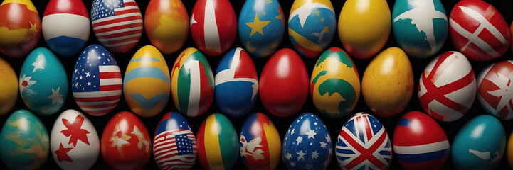 Fototapeta na wymiar Easter eggs painted in the form of flags of different countries. Concept.
