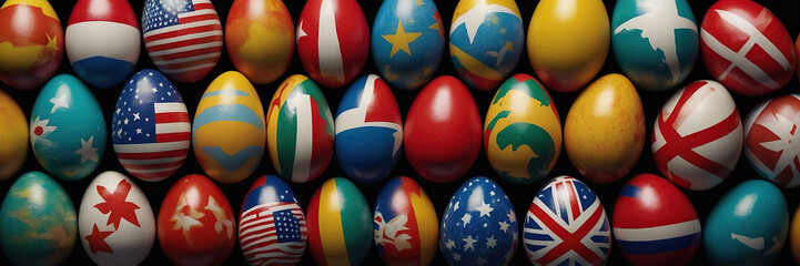Easter eggs painted in the form of flags of different countries. Concept.