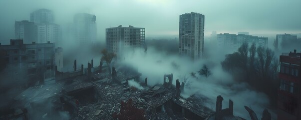 Devastated cityscape in ruins engulfed in smoke and darkness postwar. Concept Dystopian Future, Post-Apocalyptic Landscape, Ruins and Desolation, Hope Amidst Destruction, Rebuilding from Ashes