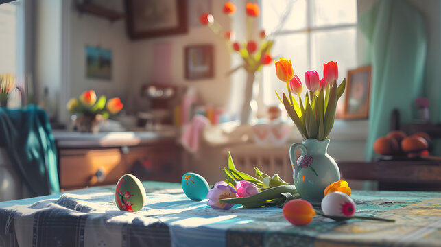 Photo of an Easter egg painting setup on a kitchen table with scattered colors and a vase of tulips