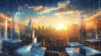 City With Skyscrapers and Sunset in Background