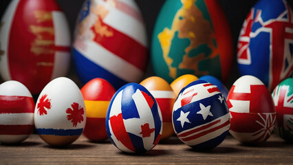 Easter eggs painted in the form of flags of different countries. Concept.