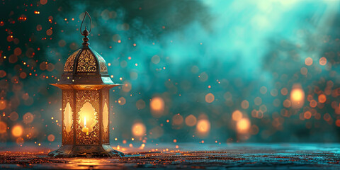 A beautifully lit traditional lantern, symbolic of Ramadan, glows warmly against a backdrop of twinkling lights and a serene dusk atmosphere.
