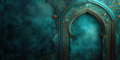 Ornate Islamic Arch Decoration Celebrating Ramadan Kareem on Textured turquoise Background. Beautifully detailed Islamic-style archway, symbolizing the celebration of Ramadan Kareem.