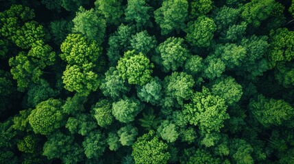 Fototapeta premium Verdant Canopy - Lush green treetops dominate the view in this tranquil forest aerial shot