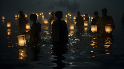 A boat full of lanterns is floating in the water with a person in a boat floating in the water,,
Paper lanterns float on dark water. Traditional Floating Lantern Festival, Memorial Day
 - obrazy, fototapety, plakaty