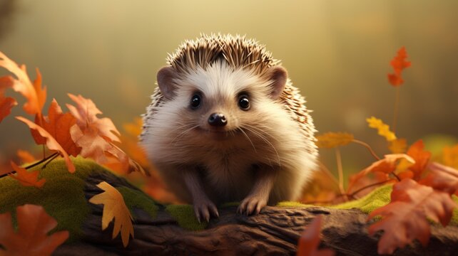 Little hedgehog sitting on big tree with grass Generated AI photos
