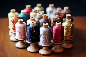 Intricate Pincushion spools thread on wooden table. Art sewing material object textile. Generate ai