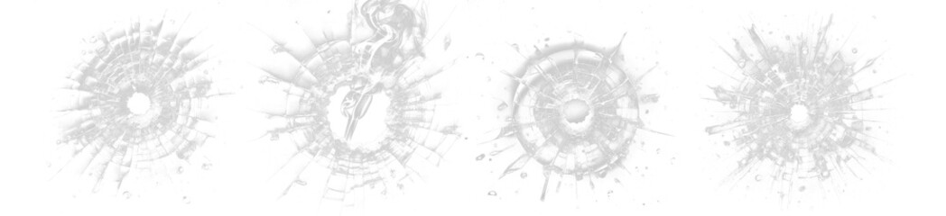 Bullet hole set. Isolated transparent PNG. Set of shattered bullet holes in a glass surface. Broken glass. Shattered glass hole. Transparent Set 02
