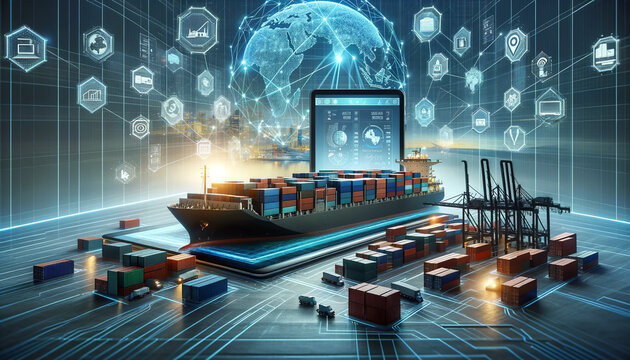 The image is a futuristic representation of a cargo ship in a digitalized port with holographic displays of logistics data and global connections..Logistics solutions concept.AI generated.