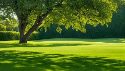Fototapeta premium Expansive lawn edged with vibrant green trim leading to a blank area