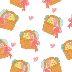 Easter design seamless pattern with colored eggs for textiles, wrapping paper, and more. Festive spring seamless pattern for Easter celebration, vector illustration on white background.