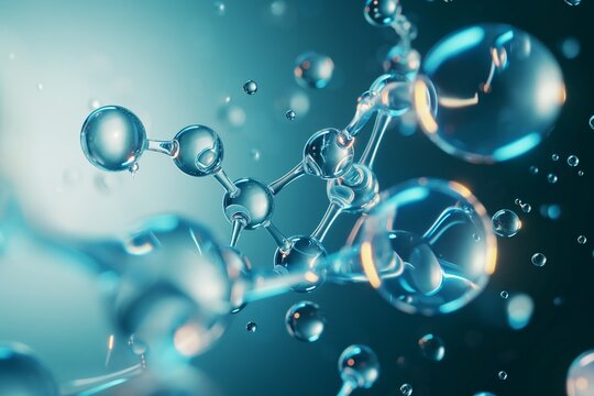 Cosmetic Essence, Liquid bubble, Molecule inside Liquid Bubble on DNA water splash background, 3d rendering