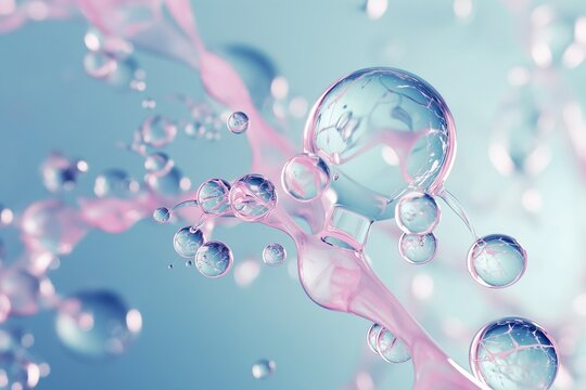 Cosmetic Essence, Liquid bubble, Molecule inside Liquid Bubble on DNA water splash background, 3d rendering