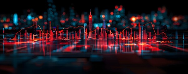 A vibrant nocturnal cityscape fused with futuristic finance data in this stock photo. Concept Vibrant Cityscape, Nocturnal Atmosphere, Futuristic Finance Data, Stock Photo