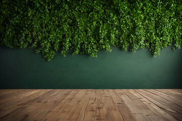 Green wall and leave with wooden floor for product.
