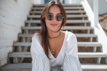 A fashionable woman confidently sits on the stairs, sporting a radiant smile and stylish sunglasses, embodying a perfect blend of chic clothing and functional eyewear