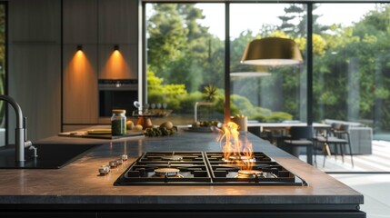 gas stove with flame in modern kitchen