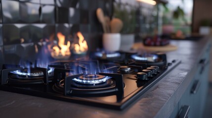 gas stove with flame in modern kitchen - obrazy, fototapety, plakaty