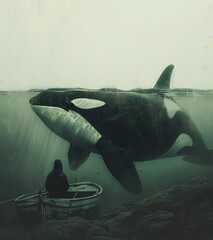 orca in water with man sitting in boats - obrazy, fototapety, plakaty